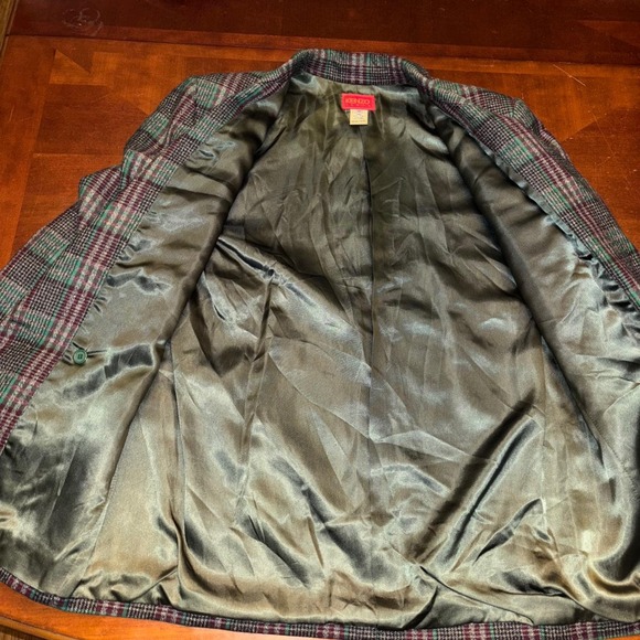 KENZO‎ Paris | Vintage | Wool | Double Breasted | Green Plaid Blazer Jacket - Picture 4 of 16